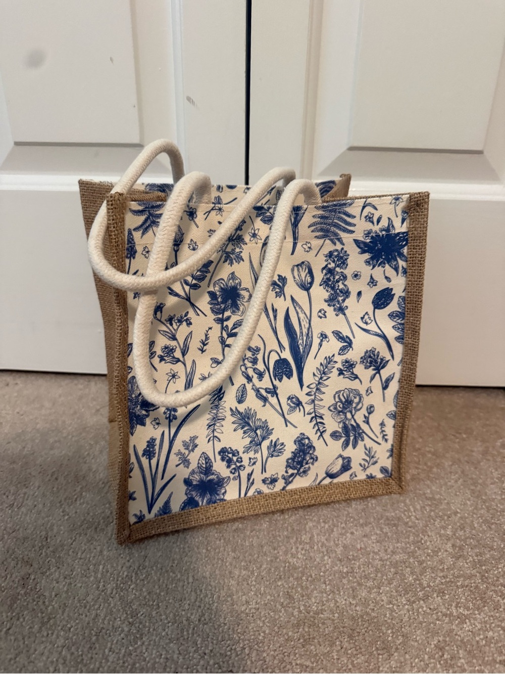 Blue floral jute and tweed bag